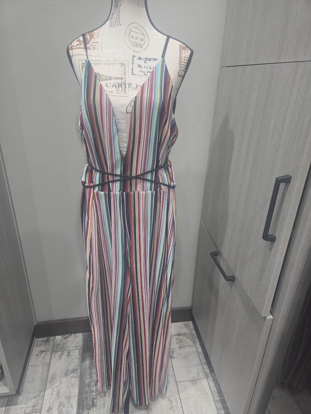 Camila Coelho Black Strappy Jumpsuit with Multicolor Stripe Detail